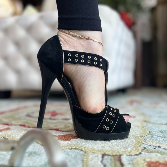 FENDI black suede sandals gold detail heels - Picture 5 of 8